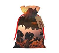 Mountain view at sunrise Printed Christmas Drawstring Bags,S | Reusable Xmas Gift Storage Bags, Red Ribbon