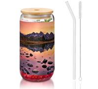 Mountain View at Sunrise Printing 16oz Drinking Glasses with Lids and Straws,Cute Water Glasses for Juice,Beer,Coffee,Tea