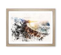 Mountain View Of Lanzarote In Spain Watercolour Modern Framed Wall Art Print, Ready to Hang Picture for Living Room Bedroom Home Office Décor, Oak A2 (64 x 46 cm)