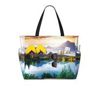 Mountain View Sunny Day Nature Print Large Waterproof Beach Tote Bag for Women with Zip and Pockets Foldable Handbag for Travel Pool Shopping Holiday Gym