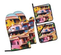 mountain village Printed Oven Mitts and Pot Holders Heat Resistant Set of 4 Pcs, Modern Kitchen Gloves & Potholders for Cooking Baking Grilling