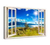 Mountain Wall Art for Living Room Decor Sunrise Blue Sky Lakeside Landscape Canvas Picture for Fake Window Frame View National Park Print Painting Artwork for Bedroom Home Office Decoration 60x90cm
