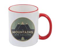 Mountain, Wanderlust Camping, The Mountains are Calling, Campfire, Adventure Gift for Hiker, Coffee, Tea Mug 11oz Ceramic Rim Mug. (Red Rim)