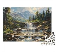 Mountain Waterfall Scene 1000pc Jigsaw Puzzle Adults Rocky Stream Winds through Pine Mountain Woods Premium Sturdy Vibrant Challenging Stress Relief Gift 38x26cm/1000pcs