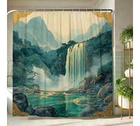 Mountain Waterfall Shower Curtain, Teal and Gold Nature Bath Curtain for Bathroom Decor, Summer Spring Vintage Landscape Waterproof Fabric Shower Curtain Set with Hooks 72x72 Inch