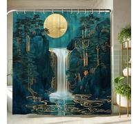 Mountain Waterfall Shower Curtain, Teal Blue Gold Nature Bath Curtain for Bathroom Decor, Spring Summer Modern Artistic Waterproof Fabric Shower Curtain Set with Hooks 62x72 Inch