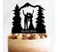 Mountain Wedding Cake Topper, Outdoor Forest Theme Mountain Adventure Couple, 7.8 Inch Acrylic Or Wood Material Option