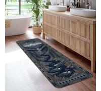 Mountain Wilderness Landscape Art Woodcut Runner Rug 2x6 | Eagle Silhouette, Bedside Runner Rug, Crescent Moon, Pine Forest, Geometric Border, Rustic Wilderness Theme
