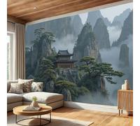 Mountains Ancient Buildings Wallpaper - Eastern Landscape Painting Wall Mural for TV and Sofa Background, Non-Woven Art Print Decoration Green Wallpaper, for Living Room Bathroom Hallway, 250 x 175 cm
