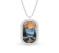 Mountains And Forests with A Sunset Rectangle Pendant Necklace Silver Women Jewelry Alloy Keychain Tag Jewelry