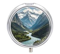 Mountains and Rivers Pill Box - 3 Compartment, Round Metal Pill Case with Mirror, Portable Medicine Holder for Purse/Wallet/Travel