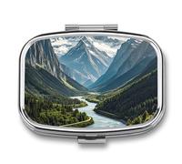 Mountains and Rivers Pill Box Elegant Metal Pill Case with 2 Compartments, Slim Portable Medicine Organizer for Purse, Pocket, Travel