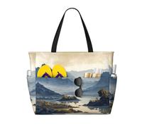 Mountains and Rivers Print Large Capacity Beach Travel Bag, Waterproof Beach Tote Bag with Zip and Pocket, Tote Bags for Traveling, Shopping, Pool
