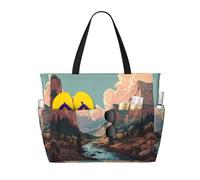 Mountains and Rivers Print Large Capacity Beach Travel Bag, Waterproof Beach Tote Bag with Zip and Pocket, Tote Bags for Traveling, Shopping, Pool