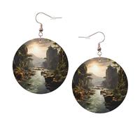mountains and rivers Round Leather Earrings White, Double-Side Printed Drop Dangle Jewelry for Women, for Festival Party Gift