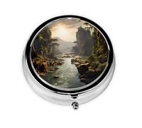 Mountains and Rivers Round Pill Box. Portable Daily Medication Organizer, Travel-Friendly Design.