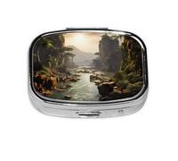 Mountains and Rivers Square Pill Box with Full Print Design - Portable Metal Travel Case for Vitamins & Medication, 2.2x1.6x0.7 Inch.