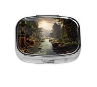 Mountains and Rivers Square Pill Storage Box, Travel Portable Mini Pill Box, Vitamin Medicine Storage Box (2 Compartment Pill Box)