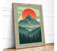 Mountains at Sunrise Mid-Century Framed Wall Art Print A2 (59.4×42cm) Oak, Wall Decor for Living Room, Bedroom, Office & Home, Ready to Hang, Art Gift