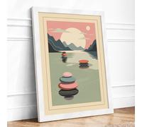 Mountains Beyond Still Waters Minimalist Framed Wall Art Print A1 White