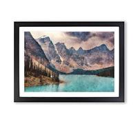 Mountains by Lake Moraine Canada Painting Framed Print | A2 Black Framed Wall Art | Ready to Hang | Modern Landscape Picture | Living Room Bedroom Lounge Office