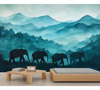 Mountains Elephants Mural Mountain View Simple Wallpaper Natural Conception Wall Mural Panoramic Office Reception Studio Backdrop Custom Photo Wallpaper (Non-self-Adhesive)