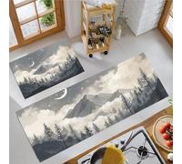 Mountains Forests Clouds Kitchen Rugs Runner Set of 2, Anti Fatigue Minimalist Style Kitchen Floor Mat for Home Decoration, Washable Non Slip Grey Mats, for Hallway Laundry Room 50x80cm+50x180cm