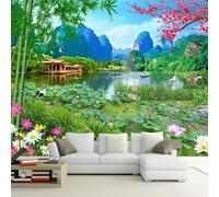 Mountains Houses Lakes Lotus Flowers Swans Bamboo 3D Wallpaper Luxury Home Dining Decor Paste Sofa Living Room The Wall for Bedroom Mural-150cm×105cm