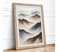 Mountains in Mist Scandinavian Framed Wall Art Print A2 (59.4×42cm) Oak, Wall Decor for Living Room, Bedroom, Office & Home, Ready to Hang, Art Gift