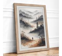Mountains in Mist Scandinavian Framed Wall Art Print A4 (29.7×21cm) Oak, Wall Decor for Living Room, Bedroom, Office & Home, Ready to Hang, Art Gift