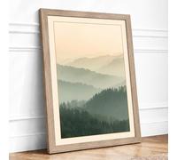 Mountains in Mist Scandinavian Framed Wall Art Print A4 (29.7×21cm) Oak, Wall Decor for Living Room, Bedroom, Office & Home, Ready to Hang, Art Gift