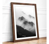 Mountains in Mist Scandinavian Framed Wall Art Print A4 (29.7×21cm) Walnut, Wall Decor for Living Room, Bedroom, Office & Home, Ready to Hang, Art Gift