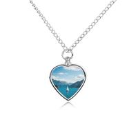 Mountains in The Distance Above The Lake Urn Necklace Heart, Cremation Jewelry with Funnel Kit Keepsake,Ashes Necklace for Dog Cat Love Women And Men