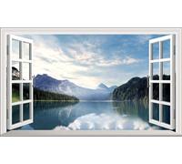 Mountains Lake Water Scene View V404 3D Magic Window Wall Sticker Self Adhesive Poster Wall Art Size 1000mm Wide x 600mm deep (Large)