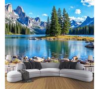 Mountains Lakes Wallpaper Wall Mural, Jungle Scenery Photo Wallpaper, Sky Blue 400×280 Cm (Wxh) Silk Cloth Art Roll Wallpapers Wall Covering, for Living Room Bedroom