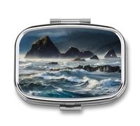 Mountains Meet The Sea Pill Box 2 Compartment Waterproof Pill Case with Mirror Square Container Metal Medicine Box Organizer Portable Vitamin Case for Pocket & Purse Travel