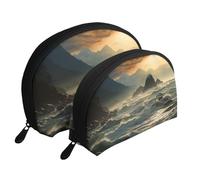 Mountains Meet The Sea Portable Shell Makeup Bag Set (2 Pieces), Zippered Travel Toiletry Bag For Cosmetics