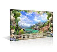 Mountains Pictures Wall Art 1 Panels Beautiful View from the Balcony on the Italian Coast Pink and White Flowers Art Paintings for Bedroom, Living Room, Office. Framed Ready to Hang (12"Wx18"H)