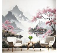 Mountains Rivers Wallpaper, Ink Landscape Painting Wallpaper, Light Gray Bedroom Wall Paper (400×280 Cm) Silk Cloth Wall Sticker for Living Room Kitchen