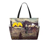 Mountains Scenery Print Large Waterproof Beach Tote Bag for Women with Zip and Pockets Foldable Handbag for Travel Pool Shopping Holiday Gym