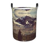 Mountains Scenery Round Single-Layer Laundry Hamper With Full Wrap Print, Water-Resistant Polyester Fabric For Home Car Storage