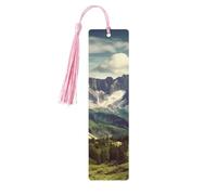 Mountains Scenery Wooden Bookmarks 5 Pcs,Handmade Double-Sided Printed Book Marks Page Markers with Pink Tassels Book Accessories Gift for Book Lovers Women Men