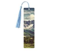 Mountains Scenery Wooden Bookmarks 5 Pcs,Handmade Double-Sided Printed Book Marks Page Markers with Sky Blue Tassels Book Accessories Gift for Book Lovers Women Men