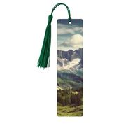 Mountains Scenery Wooden Bookmarks 5 Pcs,Handmade Double-Sided Printed Book Marks Page Markers with Dark Green Tassels Book Accessories Gift for Book Lovers Women Men
