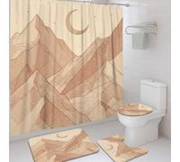 Mountains Shower Curtain Sets, Modern Minimalistic Moon Stars Fall Beige Washable with Hooks Bathroom Cloth Shower Curtain and Rug Set Decorative for Toile Bathtub Dorm 72x72 Inch