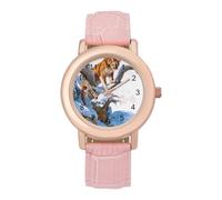 Mountains Snowy Lions Trees Branches Women's Leather Strap Band Watch Pink Ladies Three-Hand Wrist Watches