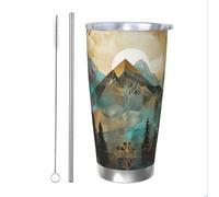 Mountains Trees Landscape Sunrise Tumblers 20 oz Stainless Steel Tumbler Cup Straw Two-Piece Set for Adult Women Men, Travel Coffee Mug for Office Birthday Anniversary Wedding Party