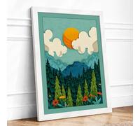 Mountains Under Morning Sun Scandinavian Framed Wall Art Print A2 (59.4×42cm) White, Wall Decor for Living Room, Bedroom, Office & Home, Ready to Hang, Art Gift