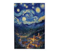Mountains Village Under The Stars Jigsaw Puzzle,Oil Painting Starry Night Wooden Jigsaw Puzzle,1000 Pcs,Let Your Imagination Run Wild,Hands-On Assembly of Your Home Décor Wall Art