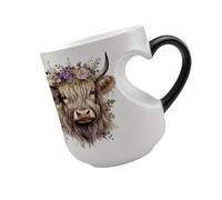 Mounteps Flower Crown Highland Cow Farm Animal Magic Color Change Ceramic Mug Heart Shaped Handle